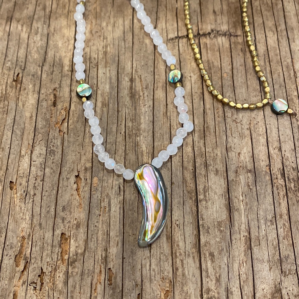 Abalone Rose Quartz Brass Long Necklace